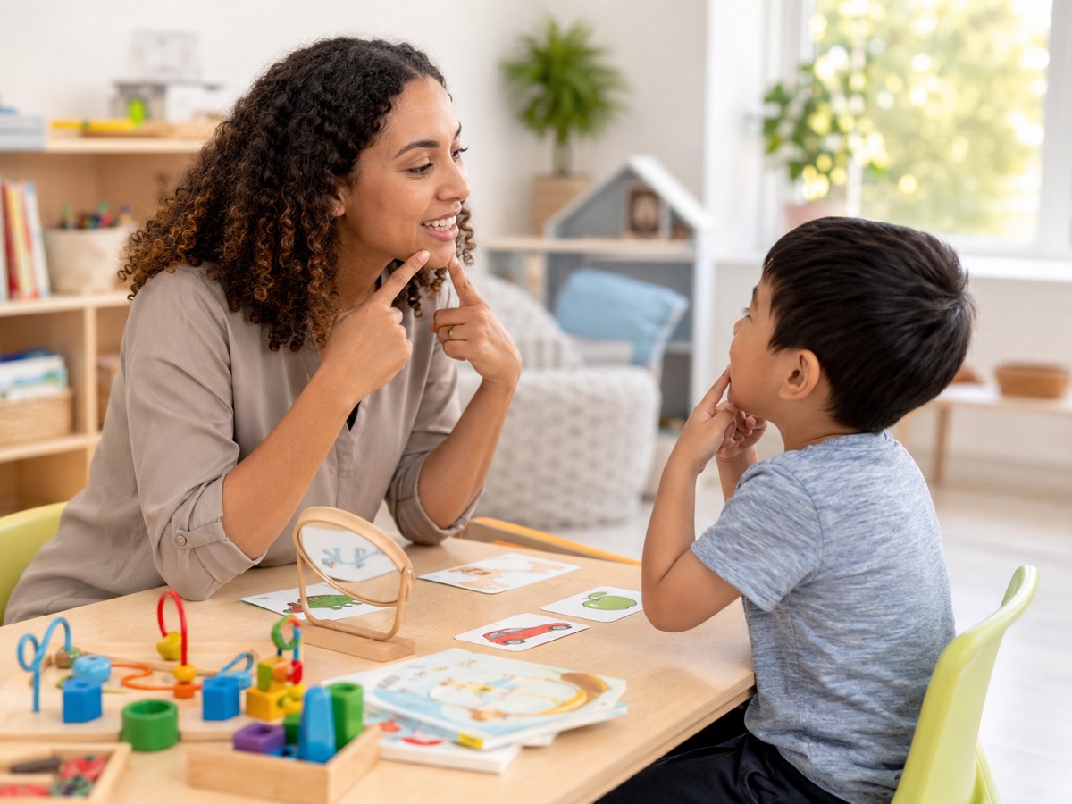 A speech therapist and a young boy practicing speech sounds with a mirror and picture cards at a table