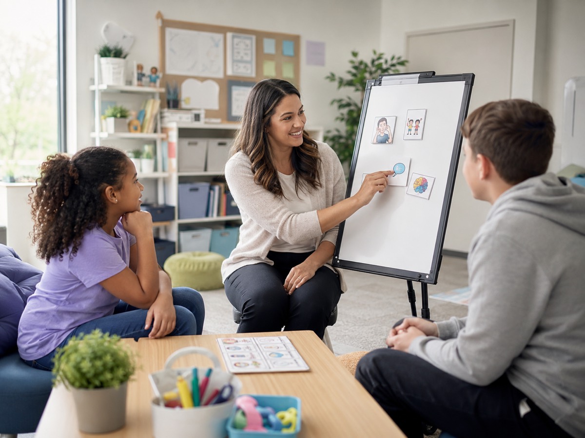 A speech-language pathologist using a picture-card easel with two elementary students in a school therapy room