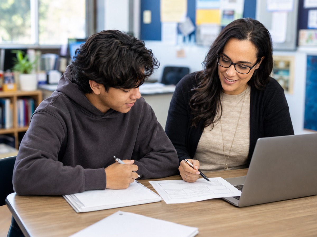 A speech-language pathologist working with a high school student on written work at a desk
